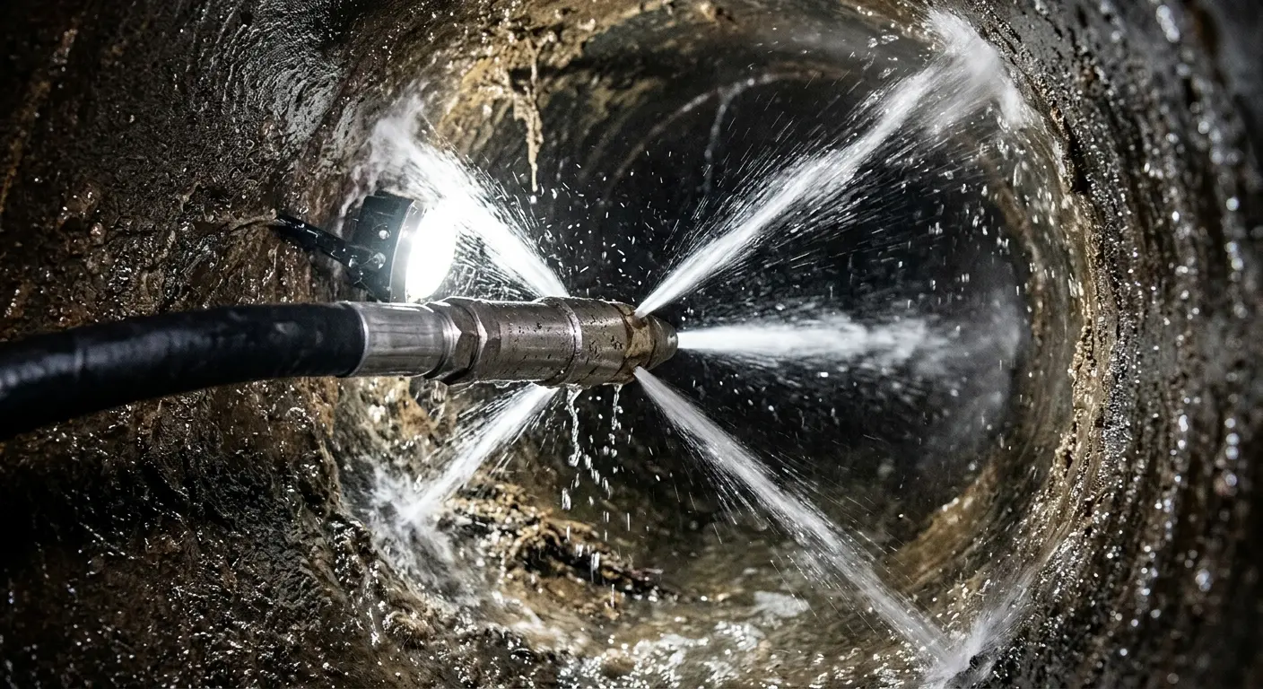 High-pressure hydro jetting nozzle cleaning sewer pipe for Sewer Cleanout in Sturbridge