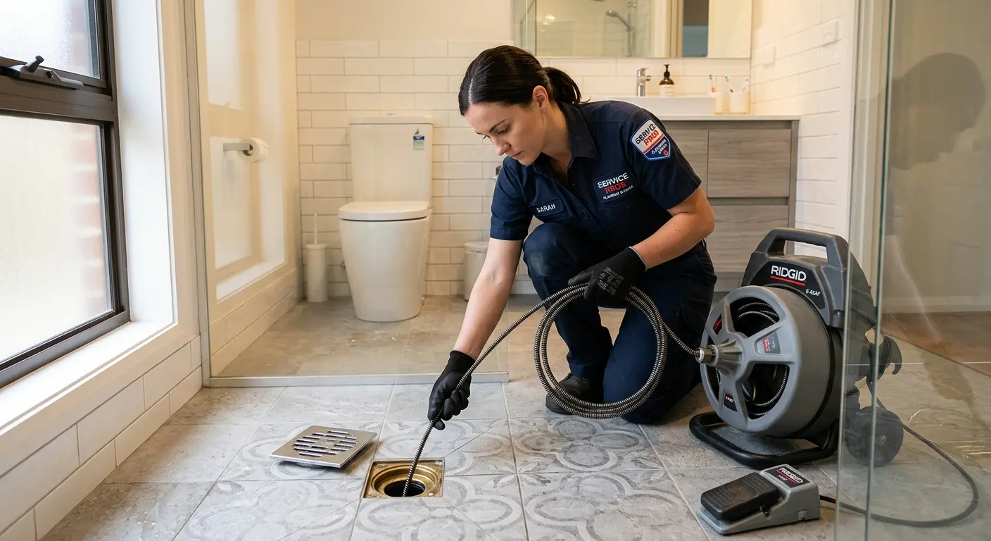 Technician clearing a bathroom floor drain for Drain Repair in Sturbridge